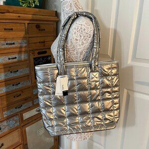 Quilted Puffer Tote - Shiny Silver - Double Handle- XL- Lightweight - NWT